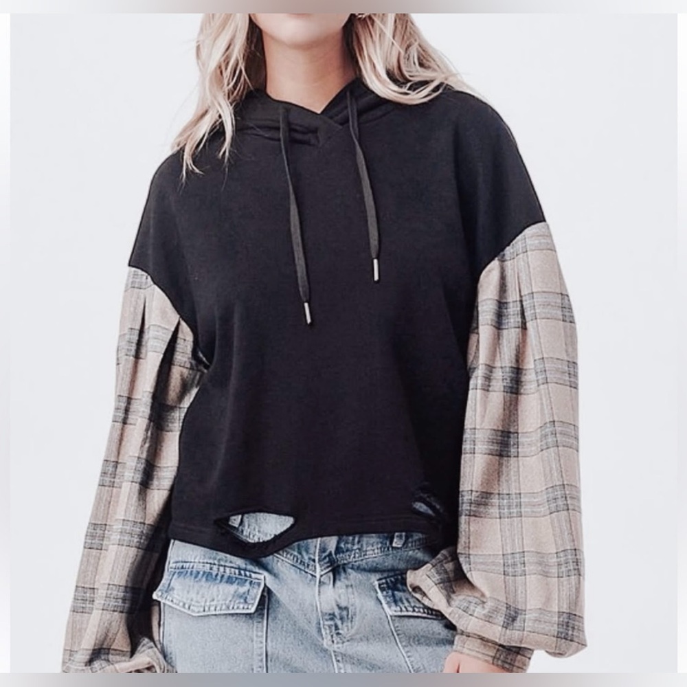 Dance & Marvel Plaid Sleeve Black Hoodie NWT